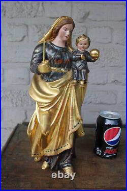 Antique 19thc Wood carved polychrome gold gilt Madonna child statue religious