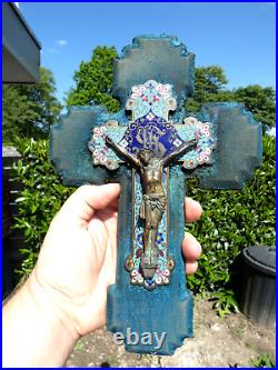 Antique 19thc cloisonne enamel Crucifix on velvet plaque religious