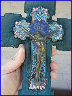 Antique 19thc cloisonne enamel Crucifix on velvet plaque religious