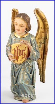 Antique 19thc neo gothic wood carving statue Archangel IHS logo religious