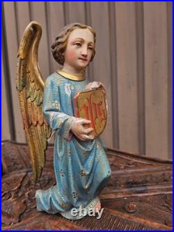 Antique 19thc neo gothic wood carving statue Archangel IHS logo religious