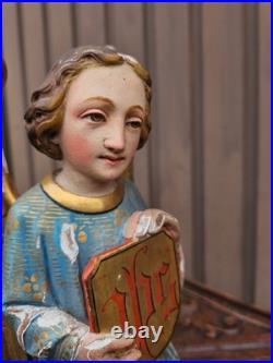 Antique 19thc neo gothic wood carving statue Archangel IHS logo religious