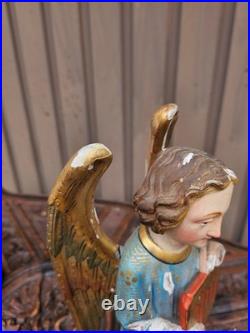 Antique 19thc neo gothic wood carving statue Archangel IHS logo religious
