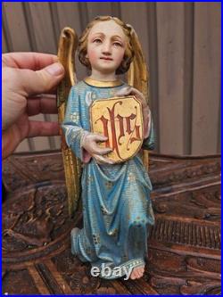 Antique 19thc neo gothic wood carving statue Archangel IHS logo religious