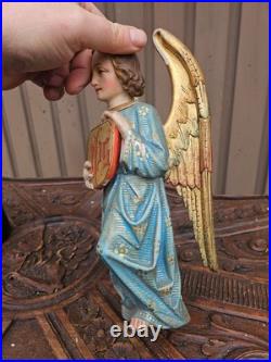 Antique 19thc neo gothic wood carving statue Archangel IHS logo religious