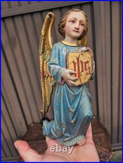 Antique 19thc neo gothic wood carving statue Archangel IHS logo religious