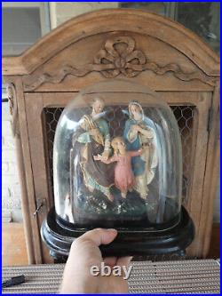 Antique 19thc religious holy family chalk under glass globe dome