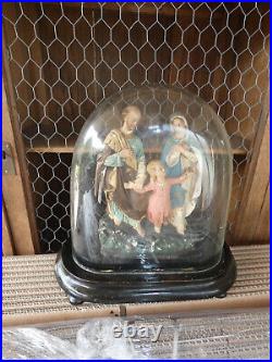 Antique 19thc religious holy family chalk under glass globe dome