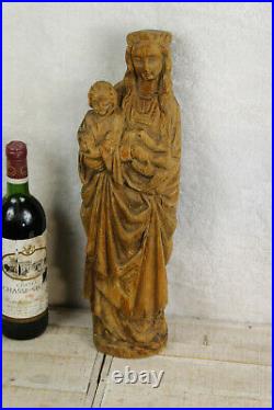 Antique 19thc wood carved french madonna with child statue figurine religious