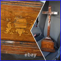 Antique 19thc wood carved inlay agnus dei crucifix cross religious
