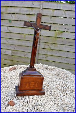 Antique 19thc wood carved inlay agnus dei crucifix cross religious
