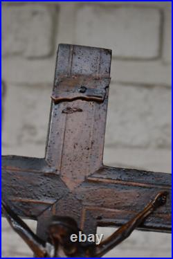 Antique 19thc wood carved inlay agnus dei crucifix cross religious