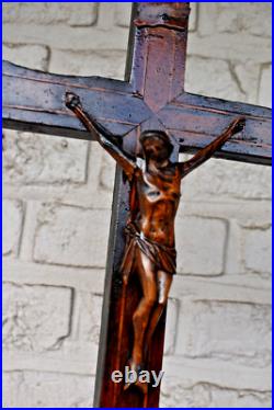 Antique 19thc wood carved inlay agnus dei crucifix cross religious