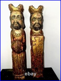 Antique 2 Pc 1Wooden 16 Santos Religious Icons -Kings, Gilded Polychrome Folk