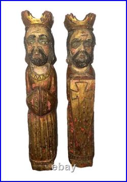 Antique 2 Pc 1Wooden 16 Santos Religious Icons -Kings, Gilded Polychrome Folk