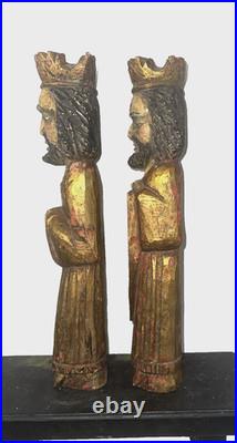 Antique 2 Pc 1Wooden 16 Santos Religious Icons -Kings, Gilded Polychrome Folk