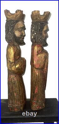 Antique 2 Pc 1Wooden 16 Santos Religious Icons -Kings, Gilded Polychrome Folk