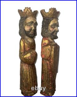 Antique 2 Pc 1Wooden 16 Santos Religious Icons -Kings, Gilded Polychrome Folk