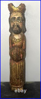 Antique 2 Pc 1Wooden 16 Santos Religious Icons -Kings, Gilded Polychrome Folk