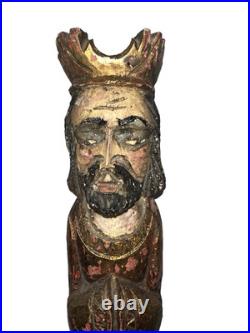 Antique 2 Pc 1Wooden 16 Santos Religious Icons -Kings, Gilded Polychrome Folk