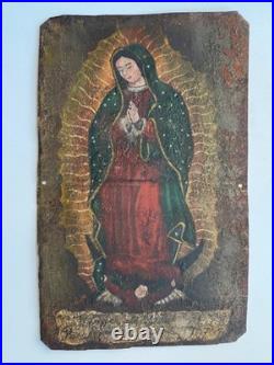 Antique 20th C Mexico Spanish Retablo Painting Tin Painting Virgin de Guadalupe