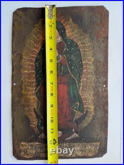 Antique 20th C Mexico Spanish Retablo Painting Tin Painting Virgin de Guadalupe