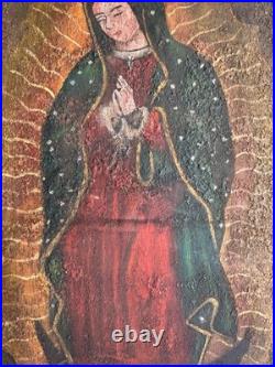 Antique 20th C Mexico Spanish Retablo Painting Tin Painting Virgin de Guadalupe