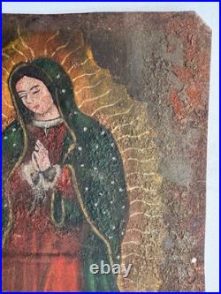 Antique 20th C Mexico Spanish Retablo Painting Tin Painting Virgin de Guadalupe