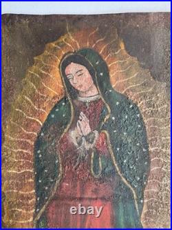 Antique 20th C Mexico Spanish Retablo Painting Tin Painting Virgin de Guadalupe