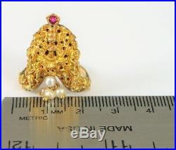 Antique 22k Or 24k Yellow Gold Buddha Ring Sothorn Religious Dangle Pearl Ruby