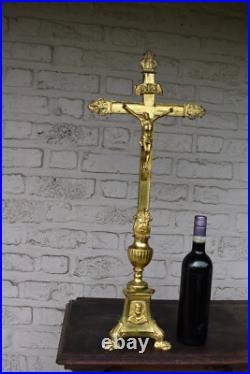 Antique 26 french brass religious altar crucifix portrait christ joseph mary Antique 26 french brass religious altar crucifix portrait christ joseph mary