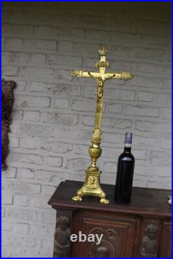 Antique 26 french brass religious altar crucifix portrait christ joseph mary Antique 26 french brass religious altar crucifix portrait christ joseph mary