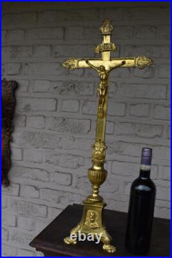 Antique 26 french brass religious altar crucifix portrait christ joseph mary Antique 26 french brass religious altar crucifix portrait christ joseph mary