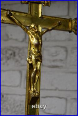Antique 26 french brass religious altar crucifix portrait christ joseph mary Antique 26 french brass religious altar crucifix portrait christ joseph mary