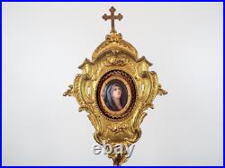 Antique 29 Brass Monstrance W Porcelain Portrait Of Our Lady Mary Religious Art