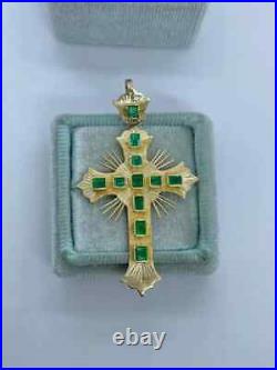Antique 3 Ct Emerald Cut Green Emerald Cross Pendant 14k Yellow Gold Finish