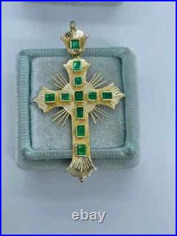 Antique 3 Ct Emerald Cut Green Emerald Cross Pendant 14k Yellow Gold Finish
