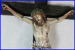 Antique 35 XL french wood carved cross chalkware christ crucifix religious