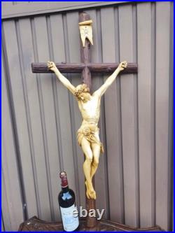 Antique 39.3 Wood chalk corpus christ wall crucifix cross religious