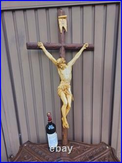 Antique 39.3 Wood chalk corpus christ wall crucifix cross religious
