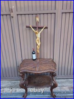 Antique 39.3 Wood chalk corpus christ wall crucifix cross religious