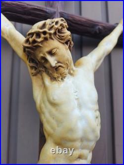 Antique 39.3 Wood chalk corpus christ wall crucifix cross religious