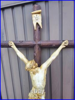 Antique 39.3 Wood chalk corpus christ wall crucifix cross religious