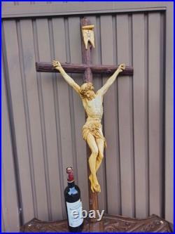 Antique 39.3 Wood chalk corpus christ wall crucifix cross religious