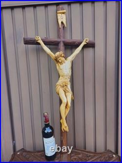 Antique 39.3 Wood chalk corpus christ wall crucifix cross religious