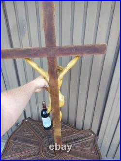 Antique 39.3 Wood chalk corpus christ wall crucifix cross religious