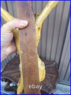 Antique 39.3 Wood chalk corpus christ wall crucifix cross religious