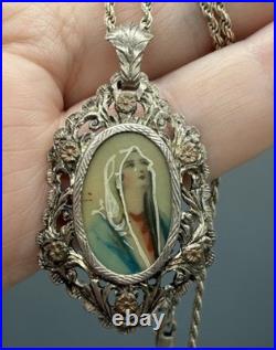 Antique 800 Silver Hand Painted Ornate Pendant Necklace Madonna Religious 18
