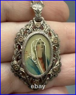 Antique 800 Silver Hand Painted Ornate Pendant Necklace Madonna Religious 18