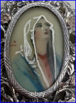 Antique 800 Silver Hand Painted Ornate Pendant Necklace Madonna Religious 18